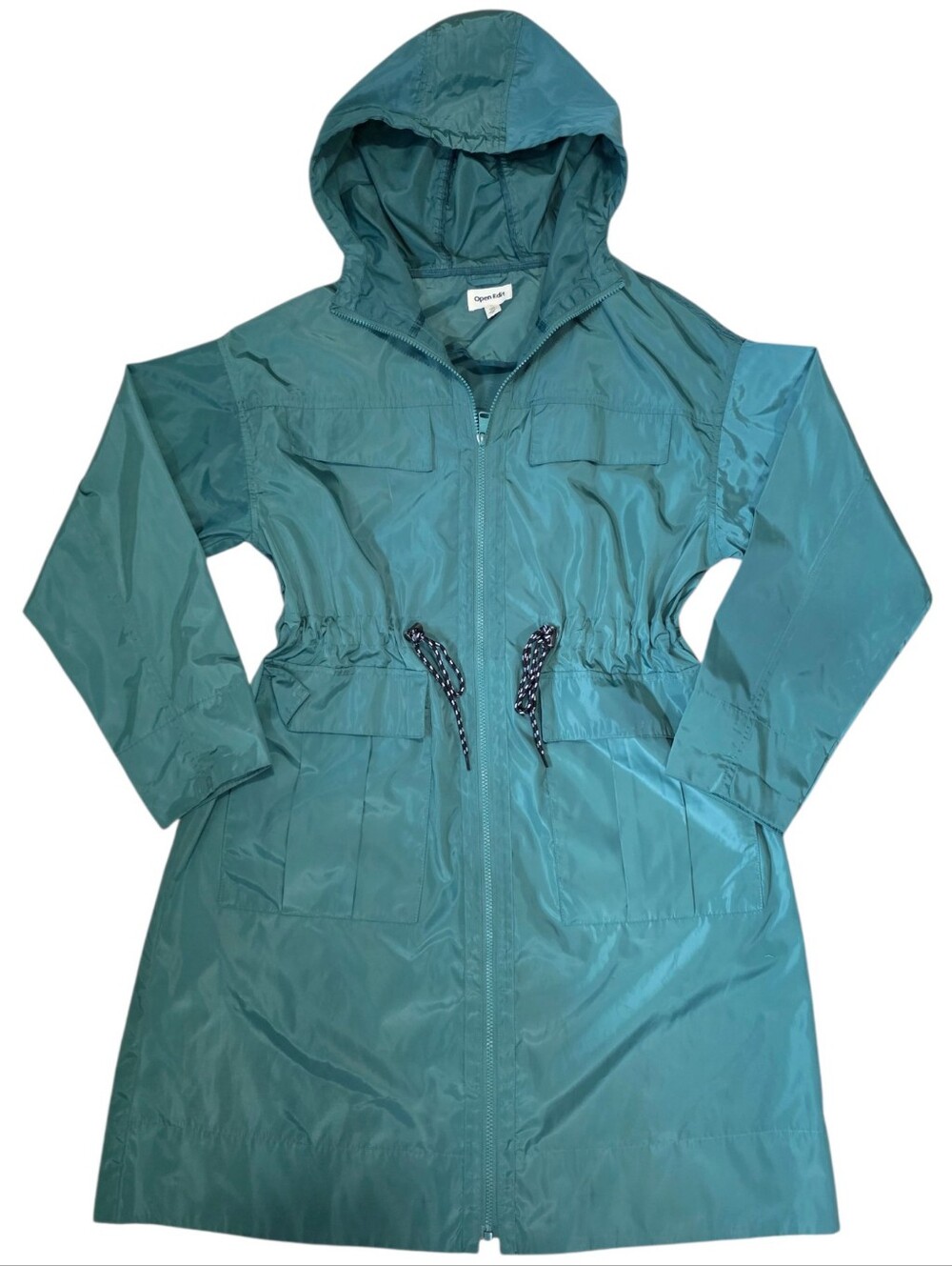 Open Edit Packable Teal Hooded Raincoat Jacket Full Length Size Small